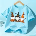 T-shirt manches courtes d'Halloween pour enfants mignon avec impression de gnomes, top d'été. - Coton Bleu