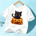 Kids Halloween Short Sleeve T-Shirt Cute Black Cat Pumpkin Graphic Casual White Top - 110cm / Tops / White