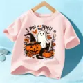 Παιδικό κοντομάνικο μπλουζάκι Halloween, ροζ τοπ με τύπωμα φάντασμα και κολοκύθα για παιδιά. - Βαμβακερό Ροζ / 110cm