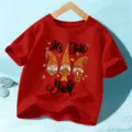 Kinder Herbst Gnom Kurzarm T-Shirt, rotes niedliches Feiertag Freizeit Grafik Top fur Jungen Madchen - 110cm / Baumwolle Rot
