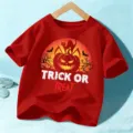 Kids Halloween Short Sleeve Red T-Shirt Spooky Pumpkin Graphic Children Holiday Tee - 110cm / Washed Red