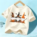 T-shirt d'Halloween pour enfants avec motifs de gnomes mignons, haut de fête à manches courtes. - Coton Abricot