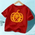 Kids red short sleeve t-shirt with yellow pumpkin sunflower print, casual holiday top for children. - 110cm / Washed Red
