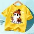 Kids Halloween Ghost Graphic Short Sleeve T-Shirt Yellow Casual Holiday Top Tee - Yellow