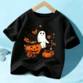 Παιδικό μαύρο κοντομάνικο t-shirt Halloween με χαριτωμένη στάμπα κολοκύθα φάντασμα - Βαμβακερό Μαύρο / 110cm