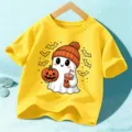 Camiseta Halloween Niños Lindo Fantasma Calabaza Estampado Top Amarillo Manga Corta Niño Niña - Amarillo Lavado