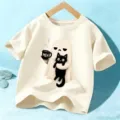 Kids Halloween Cute Ghost Black Cat Graphic Print Short Sleeve Crewneck Casual Cream T-Shirt - Cotton Apricot