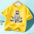 Camiseta de Halloween amarilla para niños manga corta lindo fantasma estampado parte superior - Amarillo