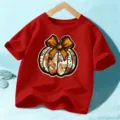 Rotes Kinder Halloween Kurzarm T-Shirt niedliche Kürbis Schleife Grafik Jungen Mädchen Oberteil - 110cm / Baumwolle Rot