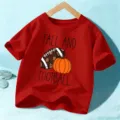 Red kids short sleeve t-shirt with autumn football and pumpkin graphic holiday top apparel - 110cm / Washed Red