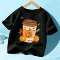 Παιδικό μαύρο κοντομάνικο t-shirt με φθινοπωρινό τύπωμα καφέ κολοκύθας κύρια όψη προϊόντος - 110cm / Βαμβακερό Μαύρο