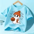 Camiseta de manga corta para niños con estampado de fantasma de Halloween top casual de algodón - Algodón Azul