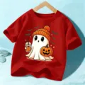Camiseta de manga corta de Halloween para niños, parte superior gráfica de fantasma calabaza. - 110cm / Rojo Lavado
