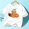 Kids short sleeve white t-shirt featuring cute autumn halloween pumpkin and coffee graphic print. - 110cm / Tops / White Cotton