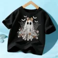 Kids Halloween short sleeve black t-shirt with cute ghost print, comfortable holiday top for boys. - 110cm / Black