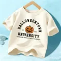 Kids Halloween pumpkin graphic short sleeve t-shirt casual top for boys and girls - Beige Cotton