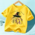 Kids Halloween yellow short sleeve t-shirt with funny witch hat graphic print top for children. - Washed Yellow