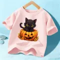 Kids Halloween Short Sleeve T-Shirt Cute Black Cat Pumpkin Pink Graphic Tee Tops - 110cm / Tops / Pink