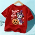 Kinder Halloween Kurzarm T-Shirt mit süßer Hexenkatze und Kürbis Grafik für Jungen. - 110cm / Baumwolle Rot