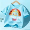 Maglietta maniche corte Halloween per bambini azzurro chiaro con simpatico motivo di zucca - Cotone Blu