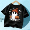 Kids Halloween black t-shirt cute ghost graphic short sleeve top festival party wear - 110cm / Black