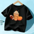 Kids Halloween short sleeve black t-shirt featuring cute pumpkin and coffee graphic print. - 110cm / Tops / Cotton Style Black