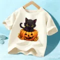 Cute Halloween black cat pumpkin print children short sleeve beige t-shirt main view - Apricot