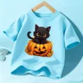 Kids light blue short sleeve t-shirt featuring a cute black cat in Halloween pumpkin graphic main view - Blue