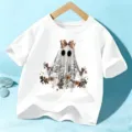 Kids Halloween short sleeve white t-shirt with cute ghost graphic for boys and girls. - 110cm / White