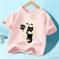 Kids pink Halloween ghost black cat graphic short sleeve t-shirt casual cute holiday top - 110cm / Cotton Pink