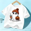 Kids Halloween Ghost Print Short Sleeve T-Shirt Cute Cartoon Pumpkin Graphic Tee White - 110cm / White