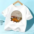 Παιδικό λευκό κοντομάνικο t-shirt με χαριτωμένο τύπωμα κολοκύθας καφέ φθινοπώρου. - 110cm / Λευκό Βαμβάκι