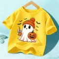 Camiseta amarilla de manga corta para niños con estampado de fantasma simpático y calabaza. - Amarillo Lavado