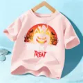Pink kids Halloween short sleeve t-shirt with spooky pumpkin print, casual summer top. - 110cm / Pink Cotton