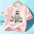 Pink kids Halloween ghost t-shirt, cute short sleeve tee for boys and girls holiday party wear. - 110cm / Pink