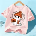Kids Halloween cute ghost pink short sleeve t-shirt, festive casual top for boys and girls. - 110cm / Pink Cotton