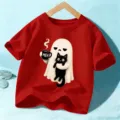 Red Halloween kids t-shirt cute ghost black cat graphic short sleeve casual top. - 110cm / Cotton Red