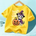Children short sleeve t-shirt with cute Halloween witch cat and pumpkin print top. - Cotton Yellow