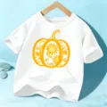 Kids Halloween T-shirt short sleeve white pumpkin sunflower print top for boys and girls - 110cm / White Cotton