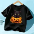 Halloween kids black t-shirt cute black cat pumpkin graphic short sleeve top for kids - 110cm / Tops / Black