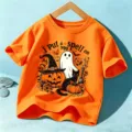 Halloween kids short sleeve orange t-shirt with spooky ghost and pumpkin graphic variant - Cotton Orange