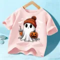 Cute kids halloween short sleeve t-shirt pink ghost pumpkin graphic tee top for children - 110cm / Pink