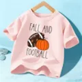 Kids fall football short sleeve t-shirt pink children cute holiday top apparel variant. - 110cm / Pink Cotton