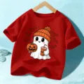 Kids Halloween short sleeve T-shirt with cute ghost print, red top for kids. - 110cm / Washed Red