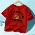Kids Halloween red short sleeve t-shirt with spooky pumpkin graphic and letter print top. - 110cm / Washed Red