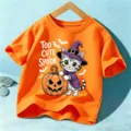 Orange Halloween kids short sleeve t-shirt with cute witch cat pumpkin graphic top - Cotton Orange