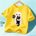 Kids yellow Halloween graphic t-shirt cute ghost and black cat short sleeve summer top - Cotton Yellow