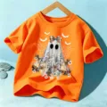 Camiseta Niños Halloween Naranja Manga Corta Fantasma Lazo Gráfico Top Niños Niñas - Naranja