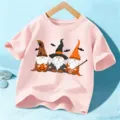T-shirt manches courtes Gnome d'Halloween pour enfants, hauts roses mignons garçons filles - 110cm / Coton Rose