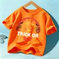Maglietta Bambini Halloween Arancione Maniche Corte Stampa Zucca Top Per Ragazzi - Cotone Arancione